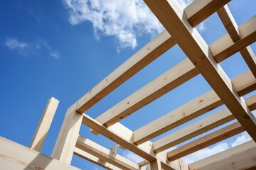 Detail of wooden house frame. Craftsmanship and sturdiness into construction. Decisions with structural sturdiness integral to construction.