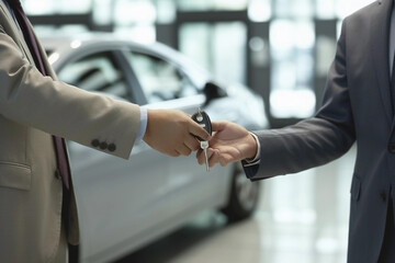 Car Rental Business: Close-up of Agent Handing Key to Client for Sightseeing Travel. Generative Ai.