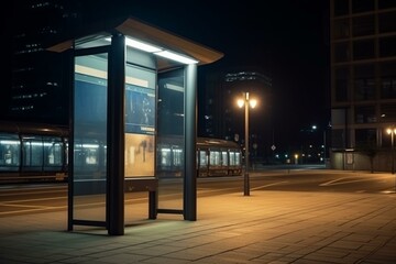 Late evening transit hub, empty advertising display, urban road backdrop. Generative AI