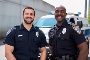 Photo of an African American police officer and white police officer stand together. Black cop with white cop pose. African American with European colleague pose against police car before shift - obrazy, fototapety, plakaty