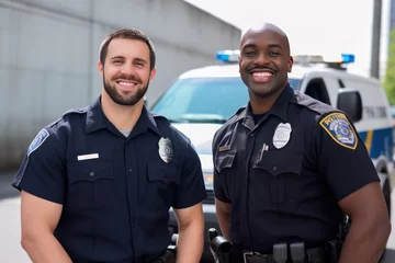 Poster Photo of an African American police officer and white police officer stand together. Black cop with white cop pose. African American with European colleague pose against police car before shift © Stavros
