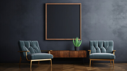 wall background design with empty frame and interior design of chairs and tables