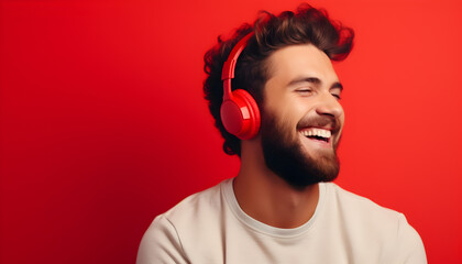 Happy smiling Young handsome man listening to music with red headphones. Bright red background with empty space for text - obrazy, fototapety, plakaty