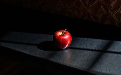 A red ripe apple on a lacquered wooden table in hard oblique lighting with sharp shadows