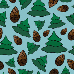 Seamless Christmas tree pattern with cones . Festive Christmas seamless background for printing on textiles, fabric, wallpaper, wrapping paper, greeting cards.