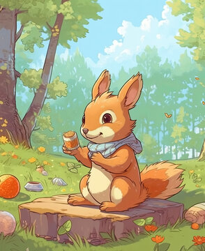 Caricature of a squirrel having a picnic in the forest.