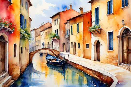 Old Town Street with Water Channel Venice-Inspired City Landscape View in Watercolor Drawing