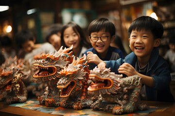 Excitement Abounds as Kids Meet the Dragon ai generated art - obrazy, fototapety, plakaty