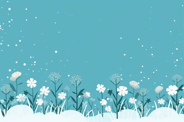 plants and flowers surround a blue background with snow falling