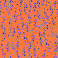 Floral seamless pattern depicting small purple wildflowers on long green stems on an orange background