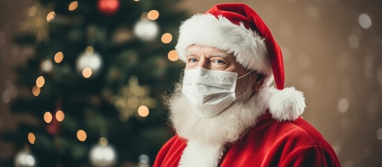 Cautious Santa Claus in mask warning about COVID 19 and urging self isolation at home Video chat with Father Christmas