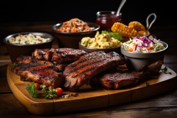  a wooden cutting board topped with meat and vegetables next to a bowl of coleslaw.  generative ai