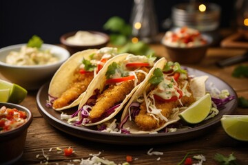  three fish tacos on a plate with cole slaw and lime wedges.  generative ai