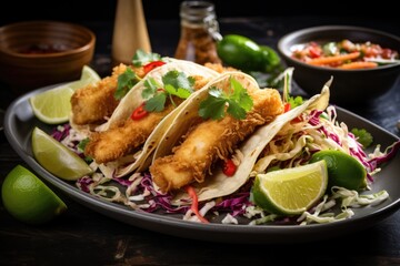  a plate of fish tacos with cole slaw and limes.  generative ai