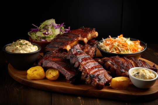  a wooden platter with ribs, coleslaw, potatoes and coleslaw.  generative ai