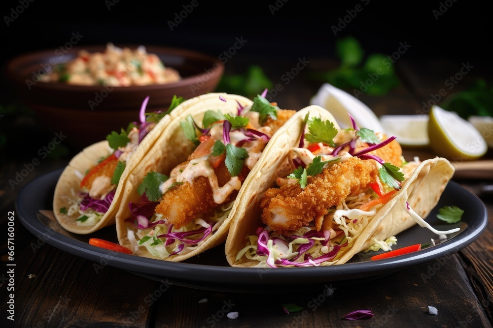 Canvas Prints  a plate of fish tacos with coleslaw and slaw.  generative ai