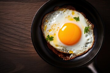  a fried egg on a toast in a frying pan.  generative ai