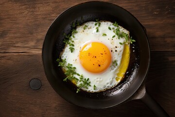  a fried egg in a frying pan on a wooden table.  generative ai