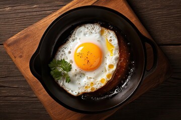  a fried egg in a skillet on a wooden cutting board.  generative ai