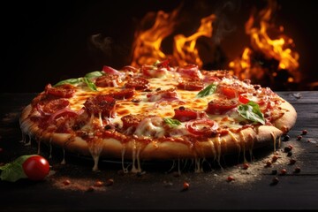  a pizza sitting on top of a pan covered in cheese and toppings. generative ai