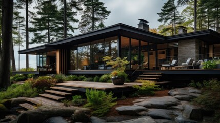 A beautiful house with large windows is situated in the heart of a dense forest