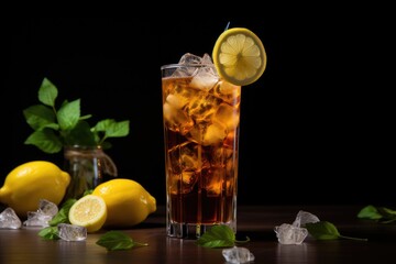  a glass of iced tea with lemons and mint on a table.  generative ai