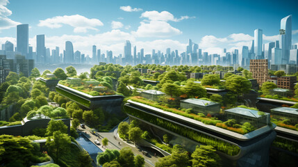 Photo of a cityscape with green rooftops, solar panels, and urban gardens, emphasizing sustainability and eco-friendly urban planning