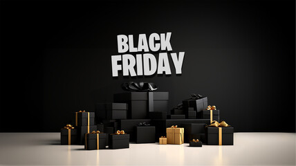 Black friday, banner regalos negros con lazos dorados sobre fondo negro con sombras