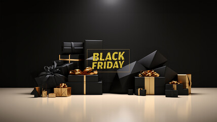 Black friday, banner regalos negros con lazos dorados sobre fondo negro con sombras