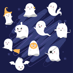 Set of cute halloween ghost characters Vector illustration