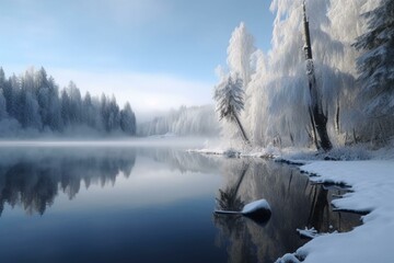 A wintery scenery featuring a frozen lake and snow-capped trees. Generative AI - obrazy, fototapety, plakaty