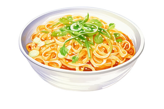 Watercolor bowl of noodles or ramen soup with meat and vegetables isolated on transparent png background, instant noodle for fast cooking.