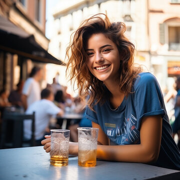 jeune fille souriante attabl&eacute;e &agrave; une terrasse de bar en ext&eacute;rieur en train de consommer une bi&egrave;re