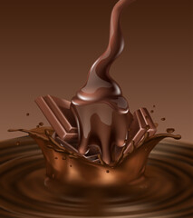 Chocolate splash with choco bar banner. 3d realistic vector background.