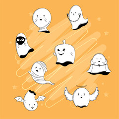 Fototapeta premium Set of cute halloween ghost characters Vector illustration