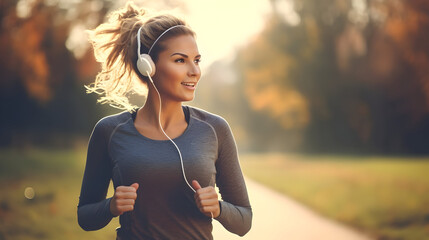 A woman jogging with headphones, enjoying music or a podcast during her run - obrazy, fototapety, plakaty