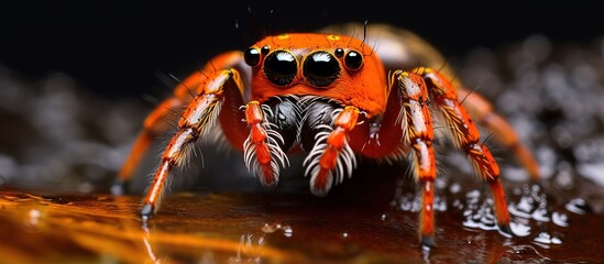 Close up of a Spider on orange plastic and black mirror captured in Thailand