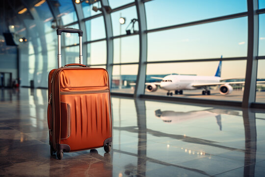 Luggage in airport terminal with airplane in the background. Travel concept