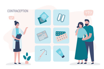 Doctor talks love couple about different types of contraception. Sexual health and gynecology. Gynecologist talks about contraceptives. Condoms and pills.