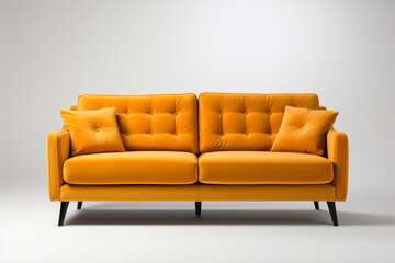 Modern orange leather sofa with pillows on gray background. 3d render