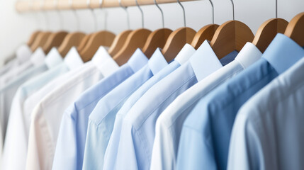 Clean clothes white and blue men's shirts on hangers after dry-cleaning or for sale in the shop. Saling concept. Generated AI - obrazy, fototapety, plakaty