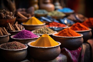 Colorful spices on the market in Bazaar, Immerse in an exotic spice bazaar, with colorful sacks and jars showcasing a diverse array of global flavors in a vibrant market setting, AI Generated