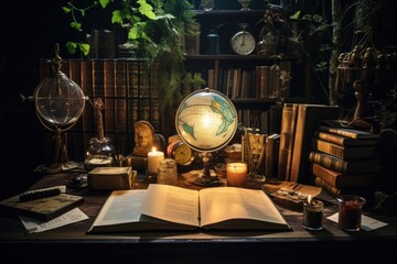Globe and books on the table in the dark. Fairy tale concept, Immerse yourself in a writer's haven, with a desk adorned with books, a diary, and sticky notes, AI Generated