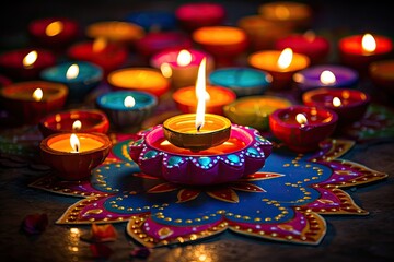 Obraz na płótnie Canvas Indian Festival Diwali, Diya oil lamps lit on colorful rangoli. Hindu traditional, Indian festival Diwali, Diwali oil lamps lit on colorful rangoli. Hindu traditional, AI Generated
