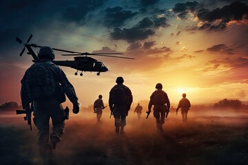 Military soldiers with helicopter in the field at sunset. Military concept, Infantry soldiers and helicopters on a sunset background, anonymous faces, AI Generated - obrazy, fototapety, plakaty