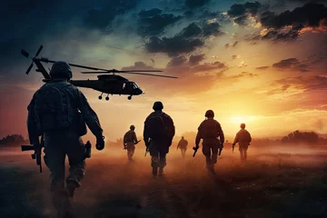 Outdoor kussens Military soldiers with helicopter in the field at sunset. Military concept, Infantry soldiers and helicopters on a sunset background, anonymous faces, AI Generated © Ifti Digital