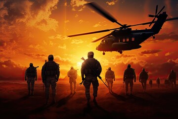 Fototapeta na wymiar Silhouettes of soldiers with a helicopter on the background of sunset, Infantry soldiers and helicopters on a sunset background, anonymous faces, AI Generated