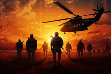 Fotobehang Silhouettes of soldiers with a helicopter on the background of sunset, Infantry soldiers and helicopters on a sunset background, anonymous faces, AI Generated © Ifti Digital