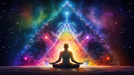 Meditating human silhouette in yoga lotus pose. Galaxy universe background. Colorful chakras and...