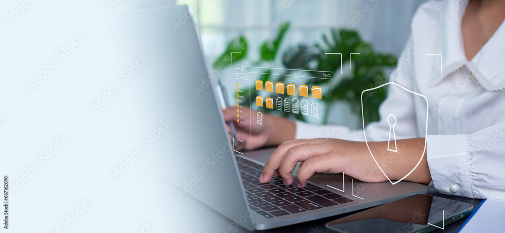 Poster businesswoman using computer to login represents protection concept of cyber security and data secur